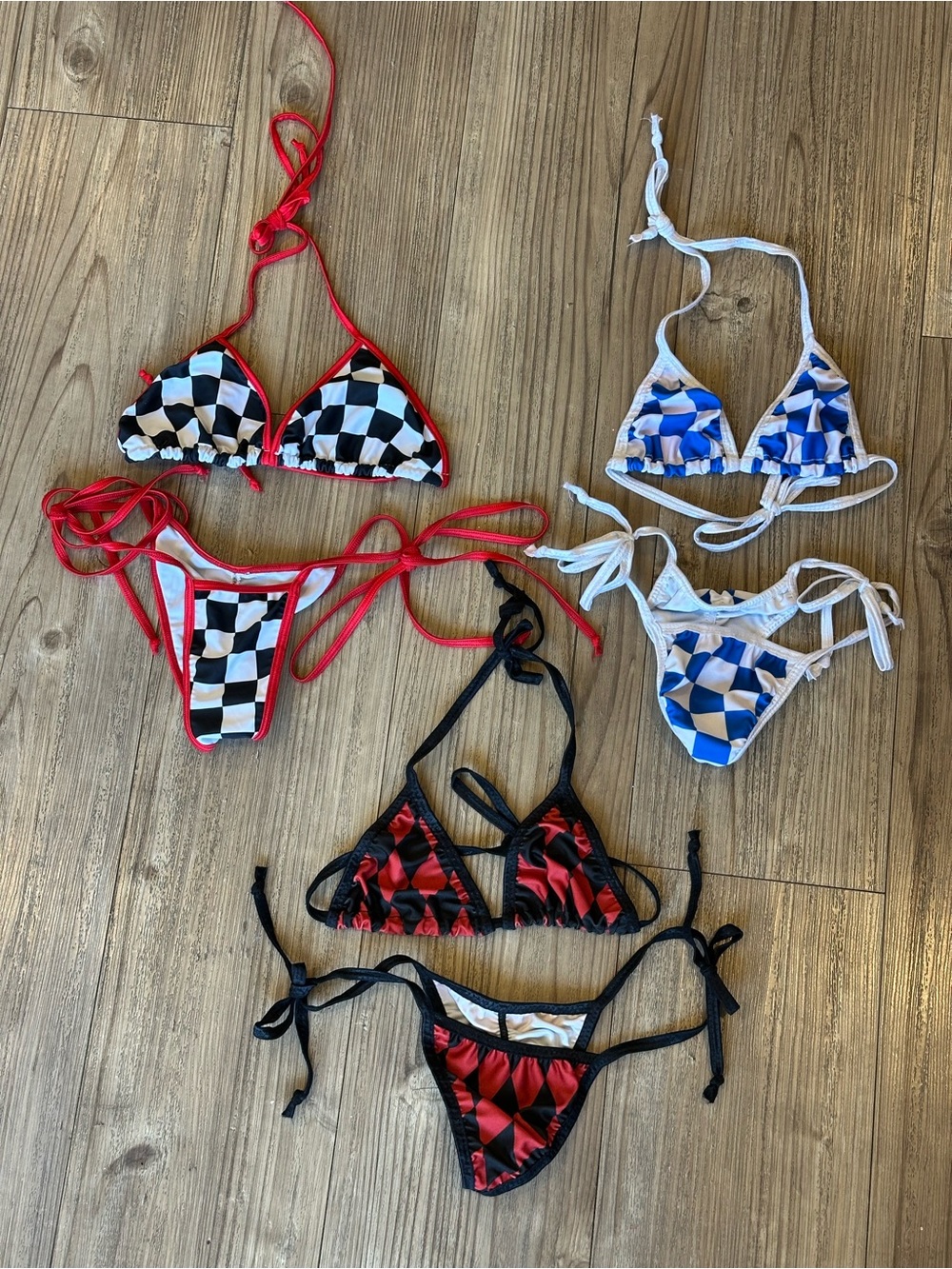 MICHI Checkerboard Triangle Bikini Sets in Red, Black, White, Blue